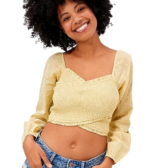 American Eagle Outfitters Tops - AMERICAN EAGLE M Floral Cropped Crisscross Smocked Cotton Long Sleeve Top M Boho